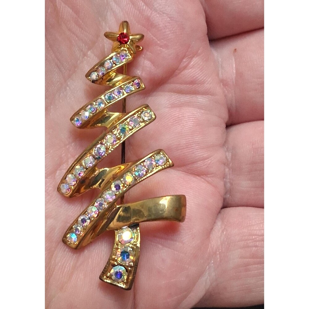 Vintage AB Rhinestone Christmas Tree Pin Stylized Ribbons Brooch - Picture 2 of 3